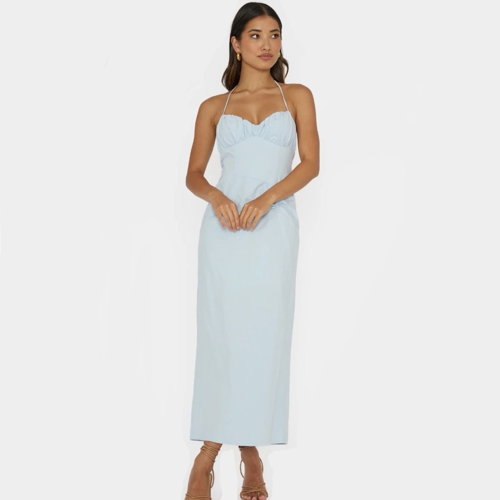Gathered Bust Halterneck Midi Dress | Pale Blue